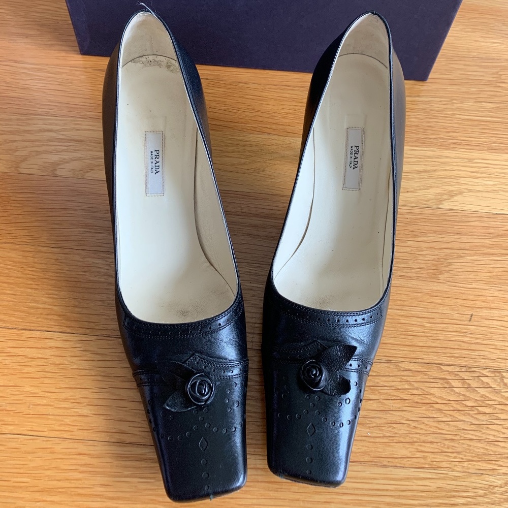Prada Square Toe Heel with Flower Detail